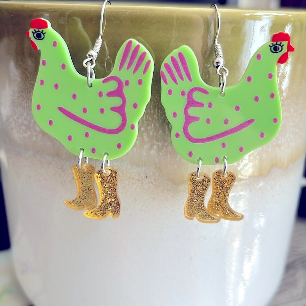 5/$25 🐓 Funny Cute Chicken Cowboy Boots Acrylic Earrings